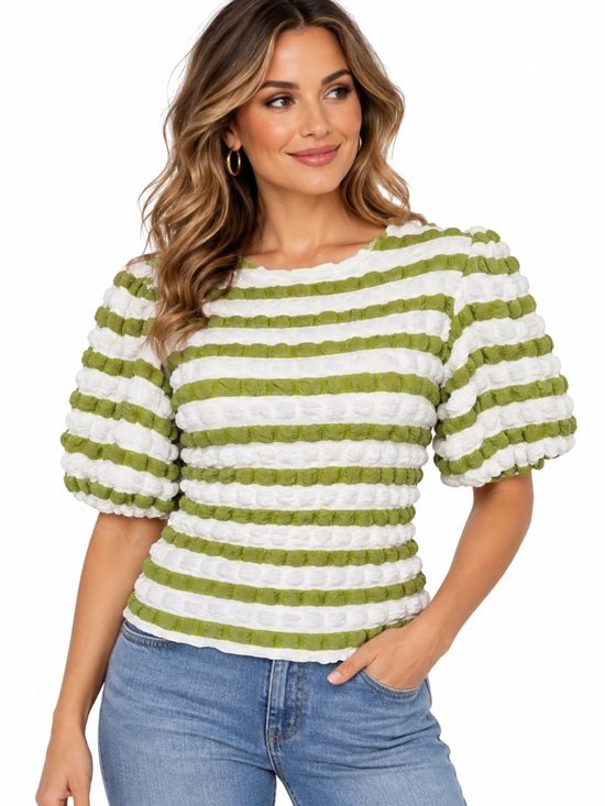 Kaktus Tops - Kaktus “NEW” Green & White Striped Puff Sleeve Textured Cottagecore Top Size XL
